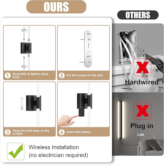 32 Inch Battery Operated Wall Sconces Set of 2, Black Dimmable Rechargeable Wall Sconces with Remote, 3 Color 360° Lighting Sconce, Modern LED Wireless Wall Light for Bedroom, Living Room