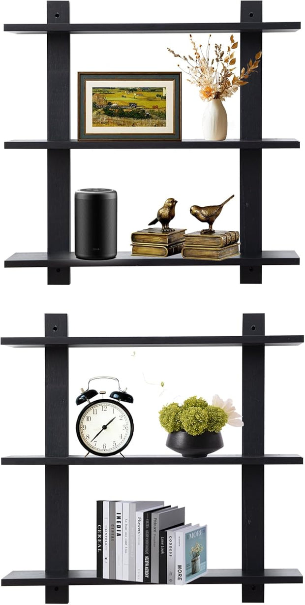 3 Tier Floating Shelves,Long Wall Shelf,Over The Toilet Shelves Bathroom Hanging Display Storage Rustic for Living Room Bedroom Kitchen Office Coffee Bar Decor Decorative,24 Inch,2 Pack,(Black)