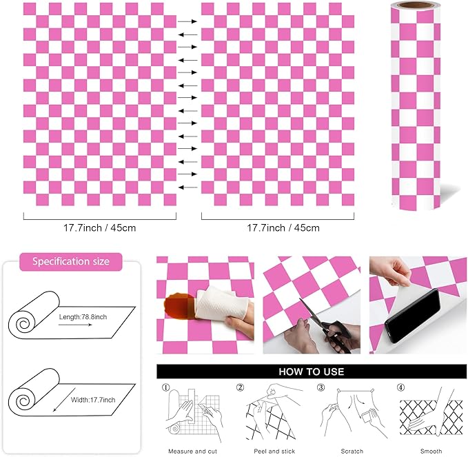Modern Peel and Stick Wallpaper Pink and White Mosaic Checkered Contact Paper 17.7