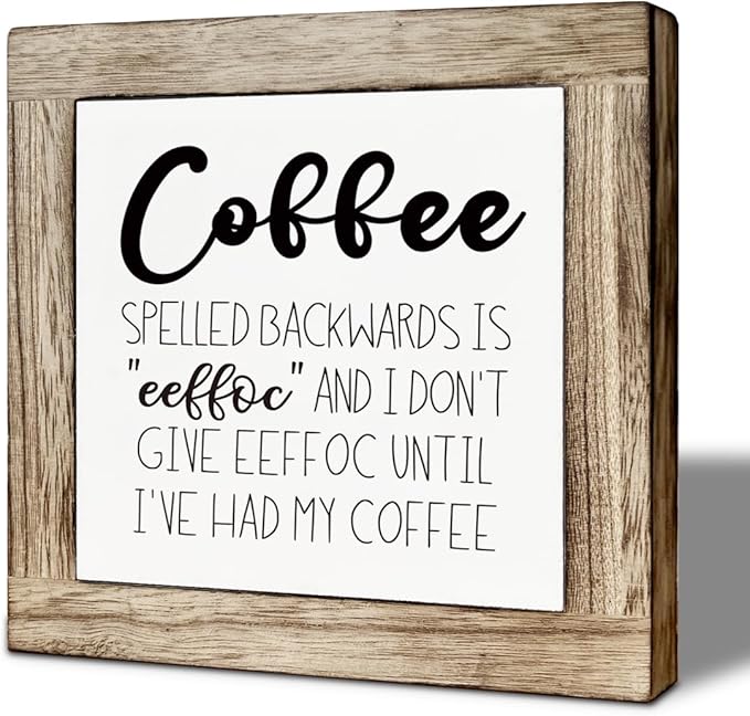 Farmhouse Coffee Bar Sign, Rustic Coffee Spelled Backwards is Eeffoc Wood Box Sign, Funny Wooden Box Signs, Farmhouse Home Kitchen Desk Shelf Decor 5.9×5.9 inch