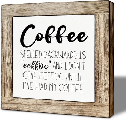 Farmhouse Coffee Bar Sign, Rustic Coffee Spelled Backwards is Eeffoc Wood Box Sign, Funny Wooden Box Signs, Farmhouse Home Kitchen Desk Shelf Decor 5.9×5.9 inch