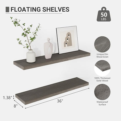 Vivelove Solid Wood Floating Shelves Set of 2, Elm Wood Wall Shelf with Invisible Bracket for Living Room Bedroom Bathroom Office, Rustic Farmhouse Display Shelf, 36 inch - Grey