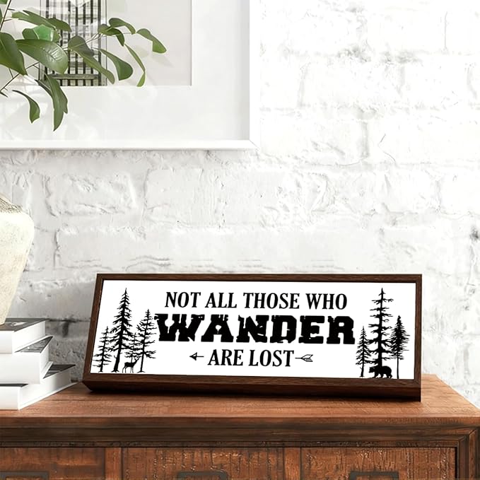 Not All Who Wonder are Lost Sign, Farmhouse Wood Signs, Inspirational Decoration for Home Office Cubicle Classroom, Shelves Decor Art, Decorative Framed Wooden Block Sign