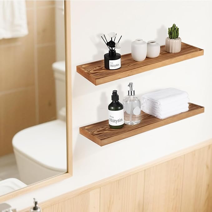 Solid Wood Floating Shelves Bathroom 24 inch Rustic Wall Wood Display Shelves with Grooves Set of 2 Home Decor for Living Room Bedroom Kitchen Farmhouse 24x6.7 inch - Brown