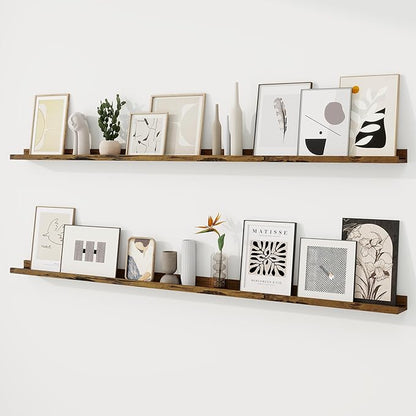 RICHFOCUS Picture Ledge Shelf, 72 inch Floating Shelves Set of 2, Wood Wall Shelves with Lip, Wall Decor Storage for Bedroom Living Room Bathroom Kitchen Nursery Photo Picture, Rustic Brown