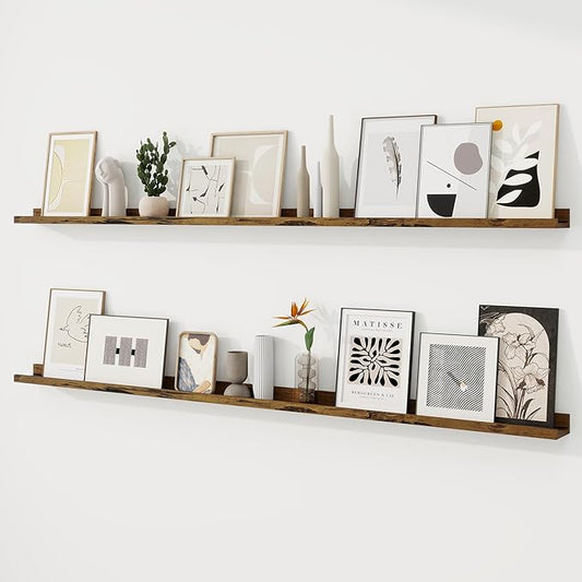 RICHFOCUS Picture Ledge Shelf, 72 inch Floating Shelves Set of 2, Wood Wall Shelves with Lip, Wall Decor Storage for Bedroom Living Room Bathroom Kitchen Nursery Photo Picture, Rustic Brown