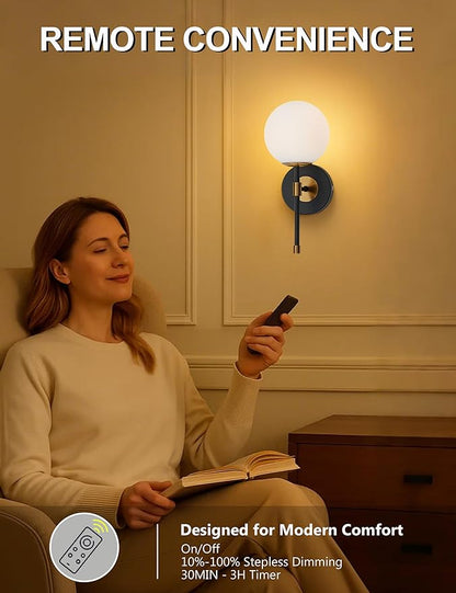 Battery Operated Wall Sconces Set of 2, Glass Globe Wireless Lights with Remote & Touch Control, Rechargeable Black & Gold Sconce, 3 Color Dimmable Ambient Lighting for Bedroom Living Room