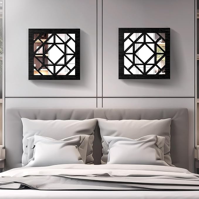 2 PCS Square Wall Mirror,Rustic Farmhouse Wall Mirrors,12 inch Small Mirror Art (style1 Black)