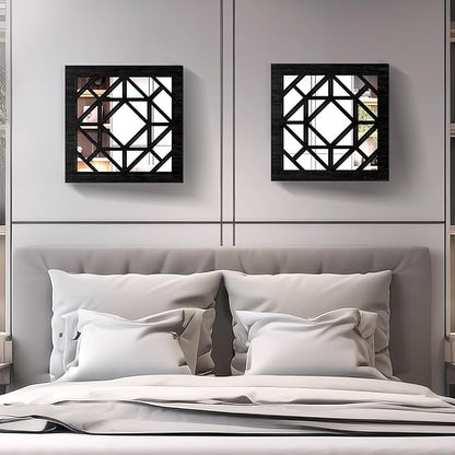 2 PCS Square Wall Mirror,Rustic Farmhouse Wall Mirrors,12 inch Small Mirror Art (style1 Black)
