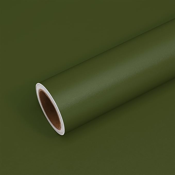 VEELIKE Thick Olive Green Wallpaper Peel and Stick Removable 15.7''x354'' Vintage Green Contact Paper for Cabinets Walls Waterproof Self Adhesive Green Vinyl Wall Paper for Bathroom Bedroom Kitchen