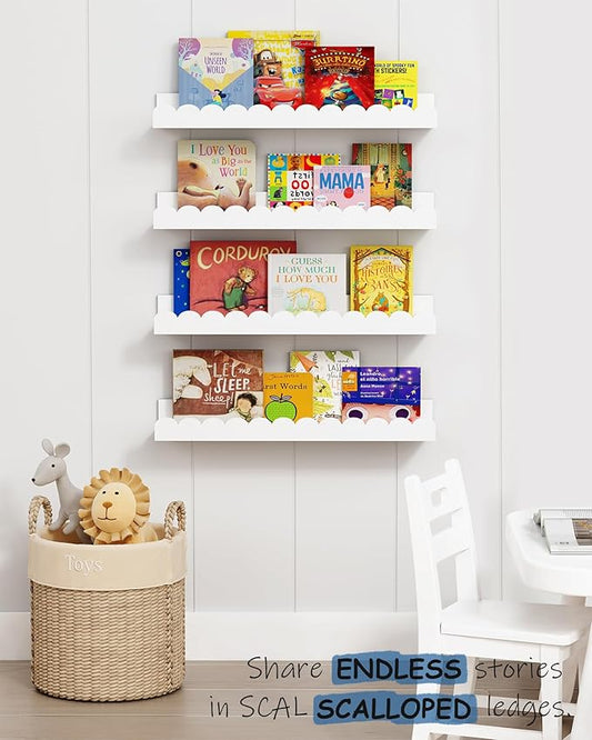 Scalloped Nursery Floating Shelves for Wall Set of 4, White Kids Book Shelves Wall Mounted, Cloud Hanging Bookshelf for Baby Toddler Child Girls Boys Room Bathroom Bedroom Toys (Pine Wood)