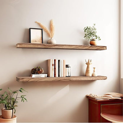 Floating Shelves 36 Inches Long, Set of 2 Solid Rustic Wood Wall Mounted Shelves, Wall Picture Ledge Shelf with Invisible Metal Brackets for Living Room, Bedroom, Bathroom, Carbonized Black
