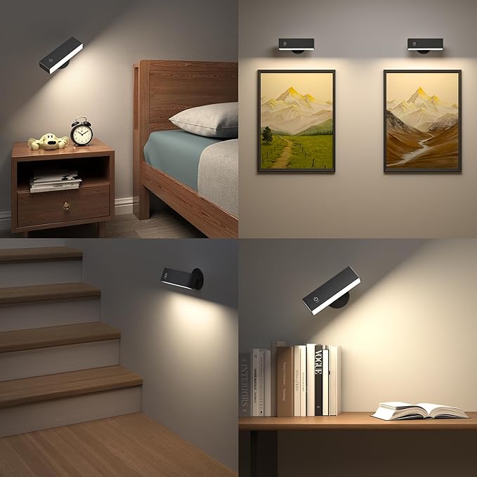 YiLaie Battery Operated Wall Sconces Set of 2, LED Wall Mounted Lights with 4000mAh Rechargeable Battery Operated, 360° Rotate Magnetic Wall Lamp, Dimmable Reading Light for Bedroom, Bedside, Black