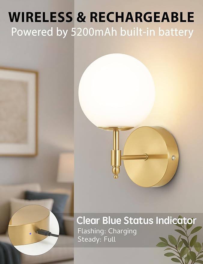 Battery Operated Wall Sconces Set of 2, Glass Globe Wireless Lights with Remote & Touch Control, Rechargeable Brushed Gold Sconce, 3 Color Dimmable Ambient Lighting for Bedroom Living Room