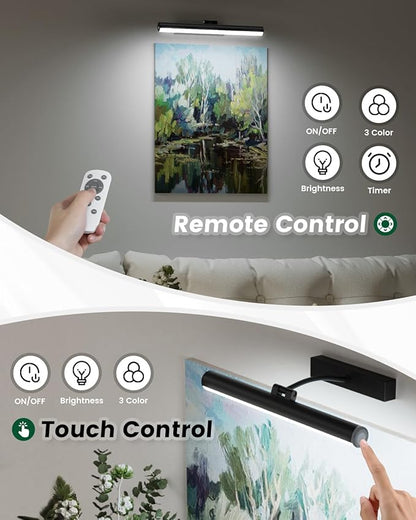 Bridika Picture Lights for Wall Battery Operated with Remote, 3 Color Modes and Dimmable Rechargeable Art Lights for Paintings, Gallery, Bedroom, Bathroom with Timer Black 2