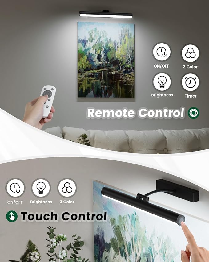 Bridika Picture Lights for Wall Battery Operated with Remote, 3 Color Modes and Dimmable Rechargeable Art Lights for Paintings, Gallery, Bedroom, Bathroom with Timer Black 1