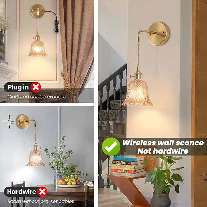 Vintage Battery Operated Wall Sconce Set of 2, RGB Dimmable LED Wall Light with 12 Colors,Rechargeable Battery Powered Wall Light with Adjustable Chain Retro for Living Room Bedroom