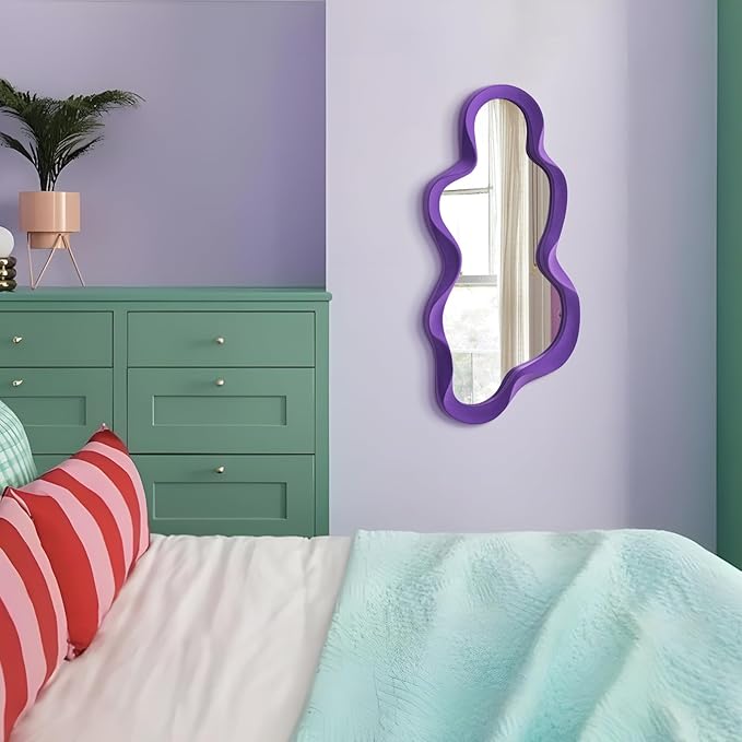 Wavy Wall Mirror for Girly Nursery Bedroom Decoration, 13.8x29.7 Noble Cloud-Shaped Decorative Funky Mirrors for Modern Classical Home Office Living Room Housewarming Birthday Gift (Purple)