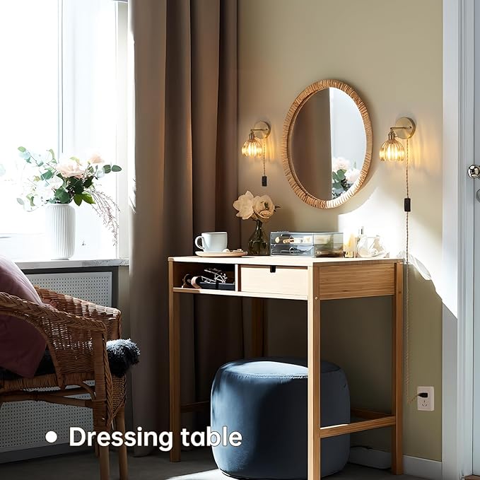 Plug in Wall Sconce, Amber Tulip Glass Lampshade Wall Light Plugin Corded for Bedside Bedroom Doorway