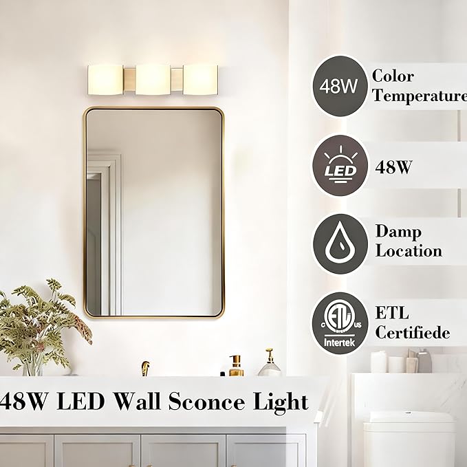 30 inch LED Wall Sconce Lights, Bathroom Vanity Lights, 3-Light Indoor Wall Light Fixtures Over The Mirror, Wall Decro Lighting for Bathroom Hallway Bedroom Living Room
