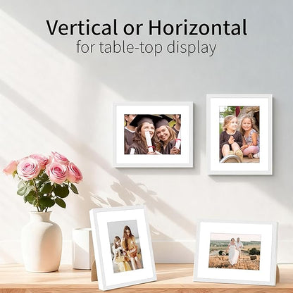8x10 Picture Frame Set of 4, Displays 5x7 with Mat or 8x10 Without Mat, Photo Frames for Wall Hanging or Tabletop, Includes HD Plexiglass, White