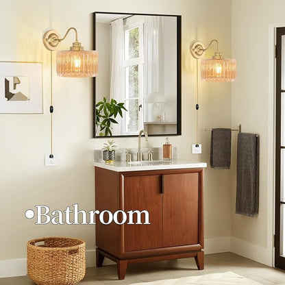 Vintage Plug in Wall Sconces,Dimmable Wall Sconces of Two,Wall Lamps with Plug in Cord & Flower Glass Lampshade,Gold Sconces Wall Decor Set of 2 Wall Lights Sconces for Bedroom
