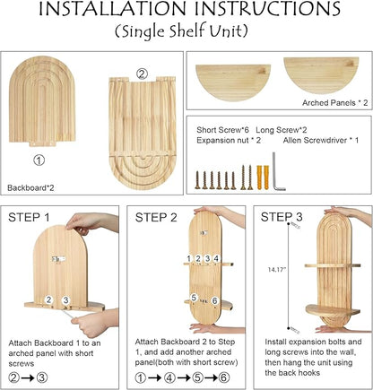 Boho Wall Shelves with Arched Wooden Design, Mid Century Modern Decor Plant Wall Shelf Set of 2, Double Floating Shelves for Home Living Room Bathroom Bedroom, 23.6 x 11.8 Inches (Natural)
