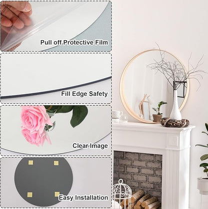 JUNEBRUSHS Round Mirror, 16 Inch Round Wall Mirror Fogless Shatterproof Bathroom Circle Acrylic Mirror Unbreakable Frameless Wall-Mounted Mirrors for Wall Living Room Bedroom Home Decor