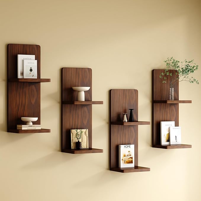 2-Tier Walnut Floating Wall Shelf of 2, 20x8x6 Wall-Mounted Wooden Beside Shelf/Nightstand for Home Décor, Plants, Cosmetics, Bathroom, Kitchen, Bedroom Storage