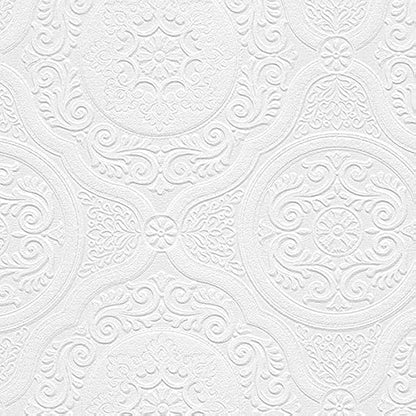 Manhattan Comfort Carter Series Vinyl Textured Paintable Floral Scroll Boarded Square Design Large Wallpaper Roll, 21" W x 33'L, White