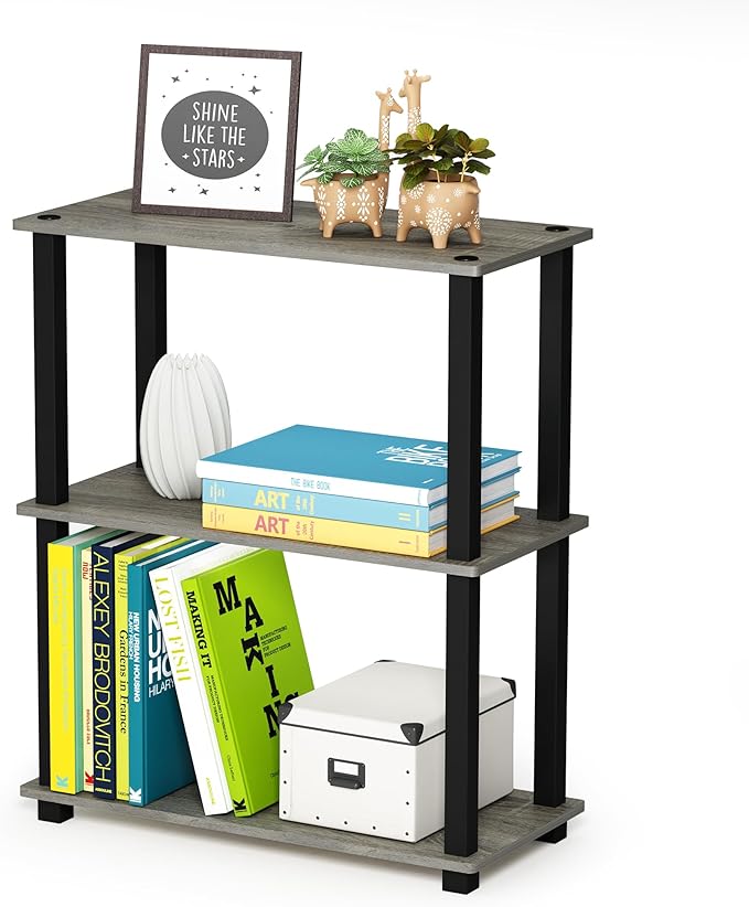 Furinno TURN-S-TUBE Storage Shelves Set of 2, 3-Tier Book Shelf, Corner Shelf, Toolless Open Shelves, Square Tubes, for Organization and Storage, Living Room, Garage, Home Office, French Oak