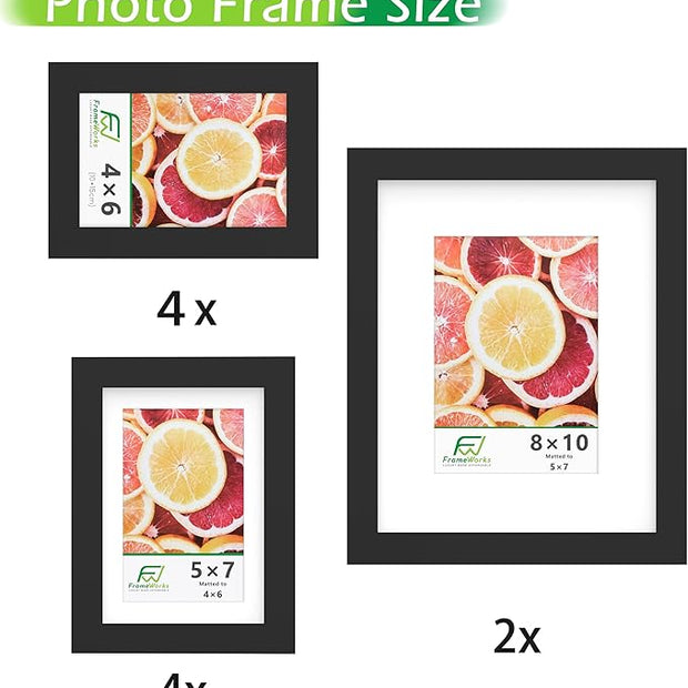 FrameWorks 10-pc Set Collage Wall Classic Wooden Picture Frames Tempered Glass/Black / 2-8"x10", 4-5"x7", 4-4"x6"