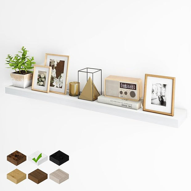 Fun Memories 55 Inch Fireplace Mantel - Long Floating Shelf, Wall Mounted Farmhouse Display with Invisible Heavy Duty Metal Bracket, White