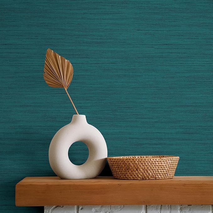 Tempaper Textured Teal Green Horizontal Faux Grasscloth Removable Peel and Stick Wallpaper, 20.5 in X 16.5 ft, Made in The USA
