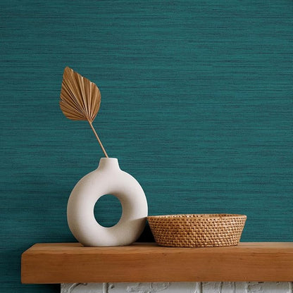 Tempaper Textured Teal Green Horizontal Faux Grasscloth Removable Peel and Stick Wallpaper, 20.5 in X 16.5 ft, Made in The USA