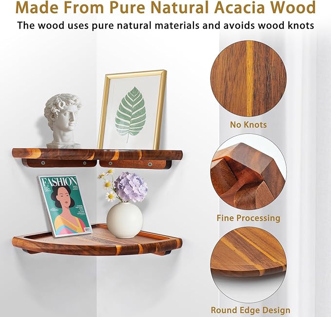 Floating Corner Shelve, 10 Inch Acacia Wood Corner Shelf Set of 2, Corner Shelf wall Mounted for Living Room, Bedroom, Bathroom, Office, Kitchen (Acacia Wood)