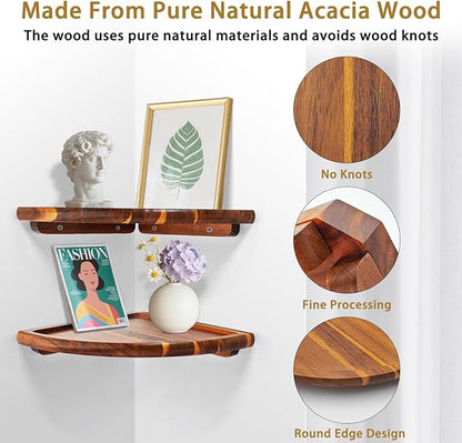 Floating Corner Shelve, 10 Inch Acacia Wood Corner Shelf Set of 2, Corner Shelf wall Mounted for Living Room, Bedroom, Bathroom, Office, Kitchen (Acacia Wood)