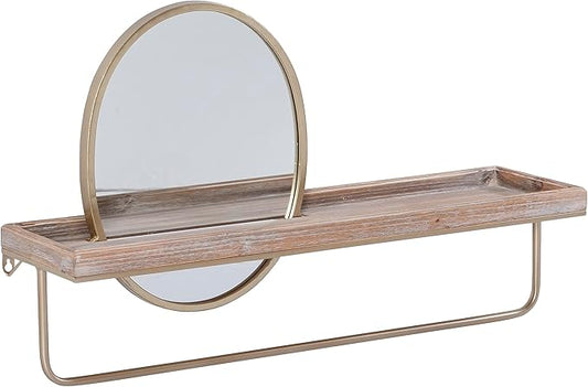 Linon Gourli Modern Farmhouse Gold Metal and Wooden Wall Shelf with Mirror