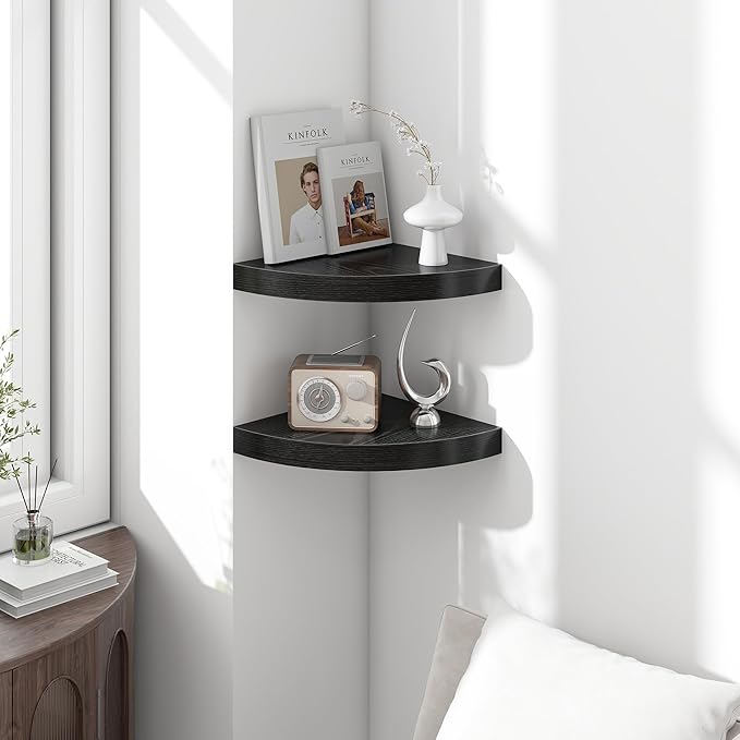 Fun Memories Floating Corner Shelves Set of 2 - Rustic Wood Wall Mounted Storage and Display Shelves for Living Room, Bedroom, Kitchen, Bathroom - Space Saving Home Decor, Black