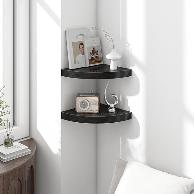 Fun Memories Floating Corner Shelves Set of 2 - Rustic Wood Wall Mounted Storage and Display Shelves for Living Room, Bedroom, Kitchen, Bathroom - Space Saving Home Decor, Black