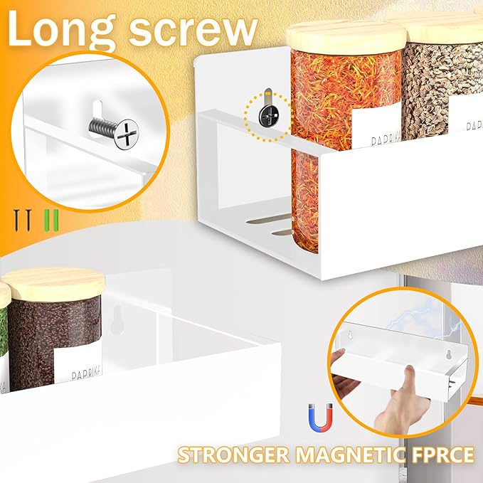Magnetic Spice Rack Organizer for Fridge Seasoning Organizer for Kitchen storage with Screw Magnetic Shelf with Hook for Refrigerator and Oven (6pack-White)