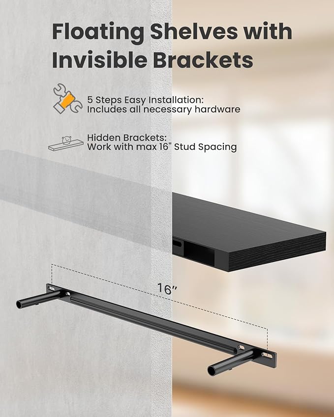 AMADA HOMEFURNISHING Floating Shelves Wall Mounted, 24 x 7 Inch Wall Shelves for Bathroom, Bedroom, Living Room, Black Shelves Set of 2 | Wall Shelves, for Bathroom, Bedroom, Living Room, Shelves