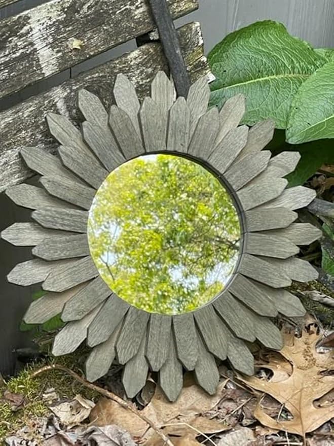 Honiway Farmhouse Wall Decor Mirror 12 inch Sunburst Boho Wood Mirror Rustic Home Decor Room Decoration for Bedroom Living Room Weathered Grey