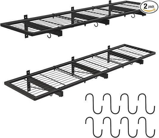 2 Pack Garage Wall Shelves, 46"X 12.5" Garage Shelving Wall Mounted, Heavy Duty Shelf Organizer with 8 Hooks, Black Floating Storage Metal Rack 320 LBS Capacity for Laundry Room, Office, Basement