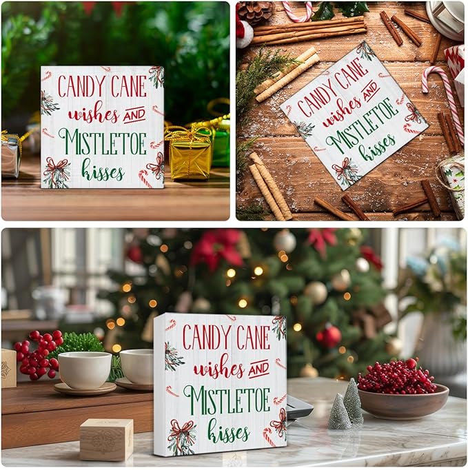Funny Christmas Decor, Indoor Christmas Decorations, Candy Cane Wishes and Mistletoe Kisses Wooden Sign Rustic Home Shelf Desk Decor 5 x 5 Inches