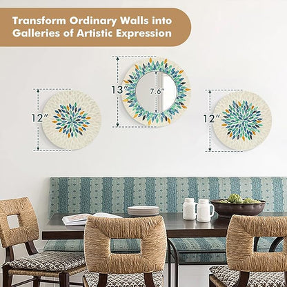 Jewel-Tone Mother of Pearl Mirror Wall Decor for Living Room, 3PCS Handmade Round Wall Art for Home Guest Room Decoration, Unique Mosaic Art Gift for Birthday Wedding Housewarming (Colored)