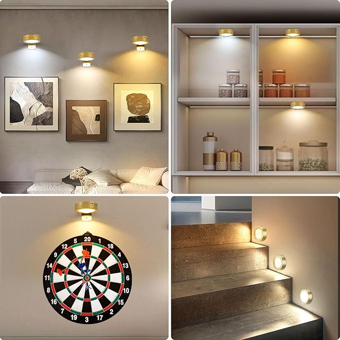 6Pcs Rechargeable Picture Lights,Battery Operated Wall Lights for Pictures with Remote Dimmable and Timer, 3 Lighting Modes Wireless Art Display Light for Picture Frame Paintings-Gold