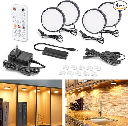 WOBANE LED Under Cabinet Lights, Black Puck Lights, 9W 700Lumens, Remote Control, Dimmable Counter Lighting for Kitchen, Closet, Shelf, 2700K Warm White,Super Bright,Timing, Ultra Thin, Set of 4