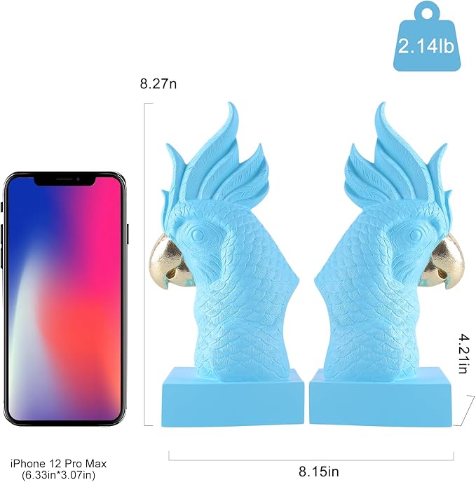 Blue Parrot Decorative Bookends,Set of 2 Cute Bird Animal Sculpture Book Ends to Hold Hevay Duty Books,Unique Resin Statues Book Stopper for Home Office Desk Bookshelf Decor