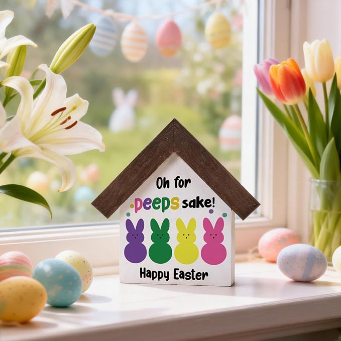 MBL Easter Bunny Decor Decorations - Funny Wood Bunny Rabbit Easter Centerpieces Basket Stuffers Essentials Office Home Kitchen Bathroom Shelf Table Farmhouse Tiered Tray Decor for Women Men Friends